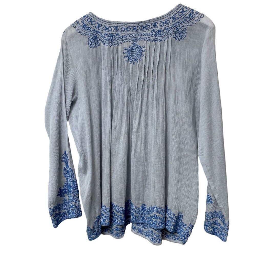 CONTEXT Boho Top Size Small Blue Embroidered Cotton Crinkle Gauze - Picture 6 of 11